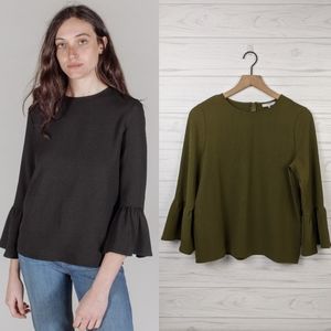 Ganni Clark Bell Sleeve Top in Olive Green XS